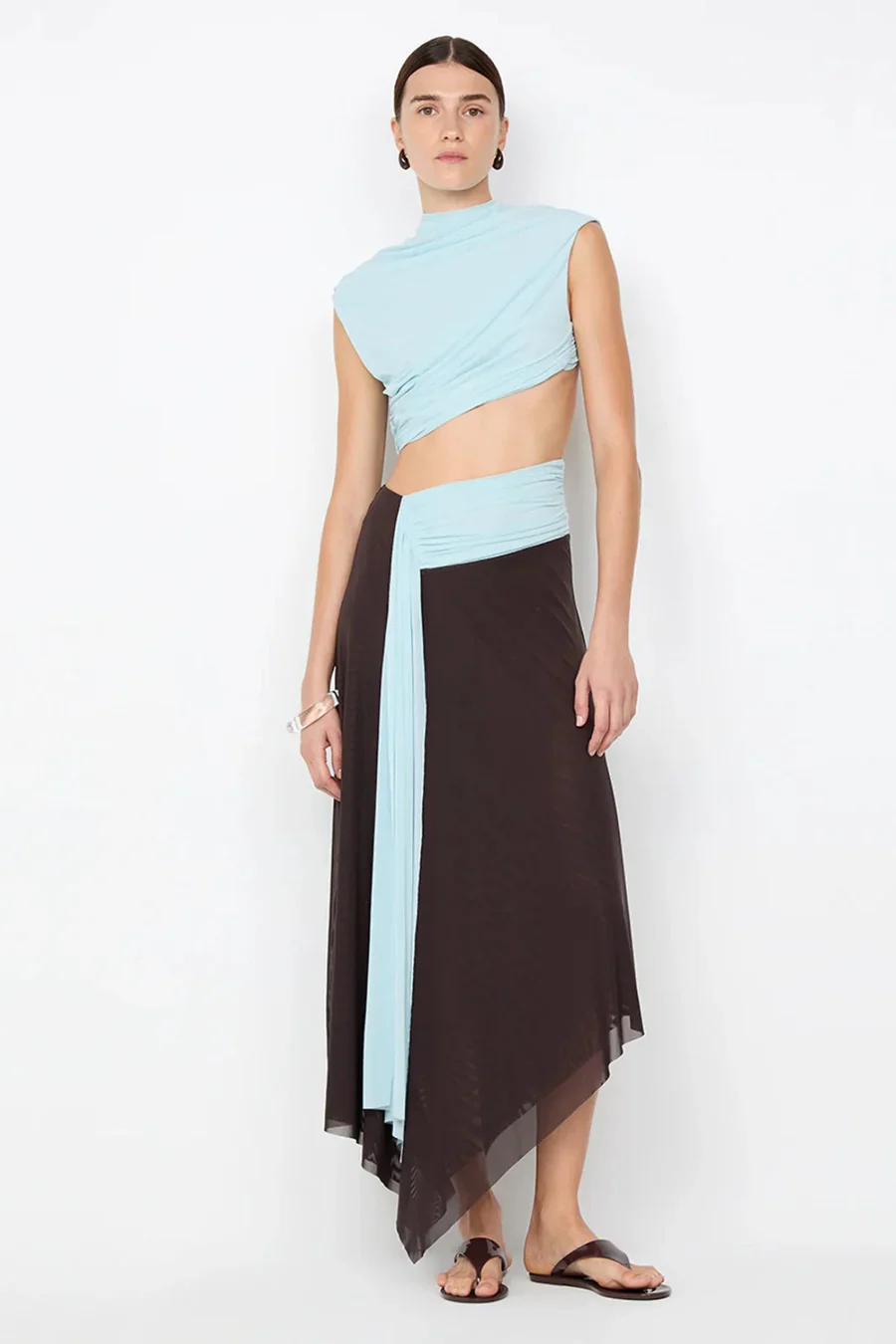 BEC + BRIDGE - CONNI ASYM MIDI DRESS (ARTIC BLUE / DARK CHOC)