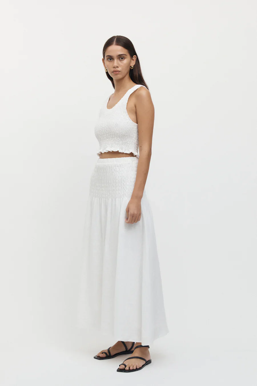 FRIEND OF AUDREY - Eze Shirred Linen Midi Crop Top (White) - Image 3