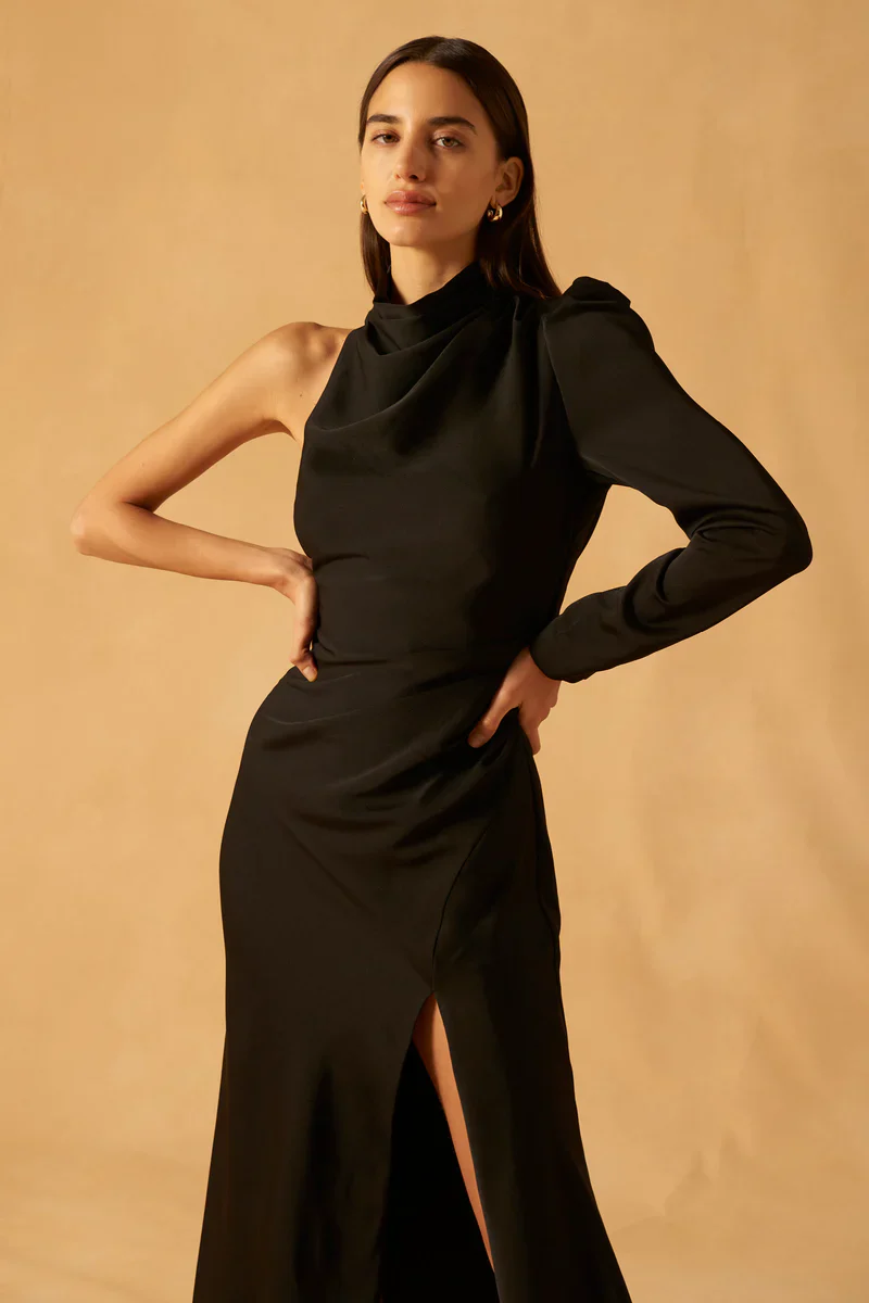 MISHA - Georgetta Satin Midi Dress (Black) - Image 4