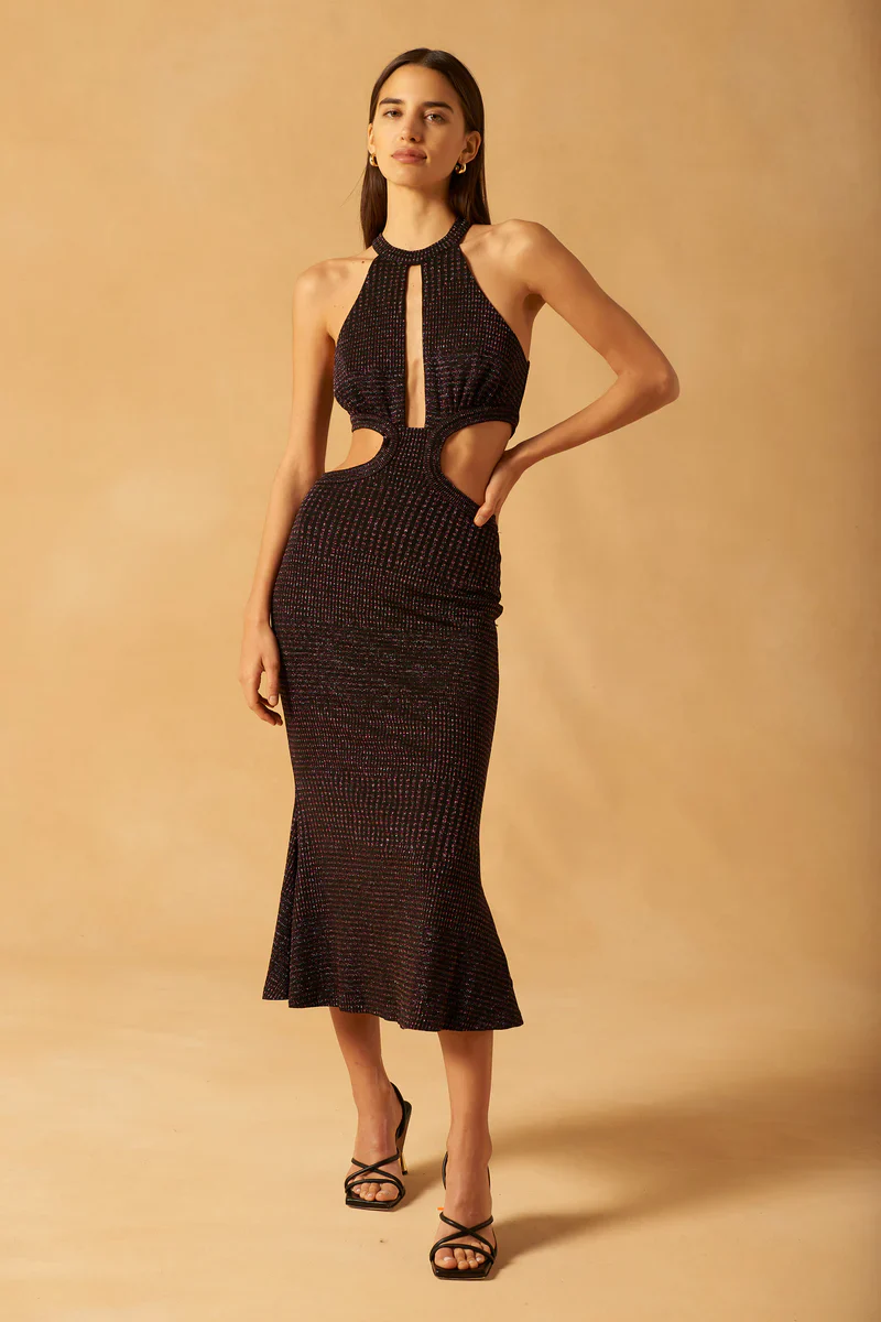 MISHA - Marisa Sparkle Slinky Jersey Midi Dress (Multi Stripe)