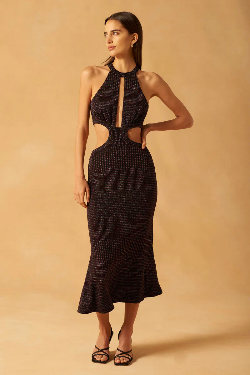 MISHA - Marisa Sparkle Slinky Jersey Midi Dress (Multi Stripe) - Image 3