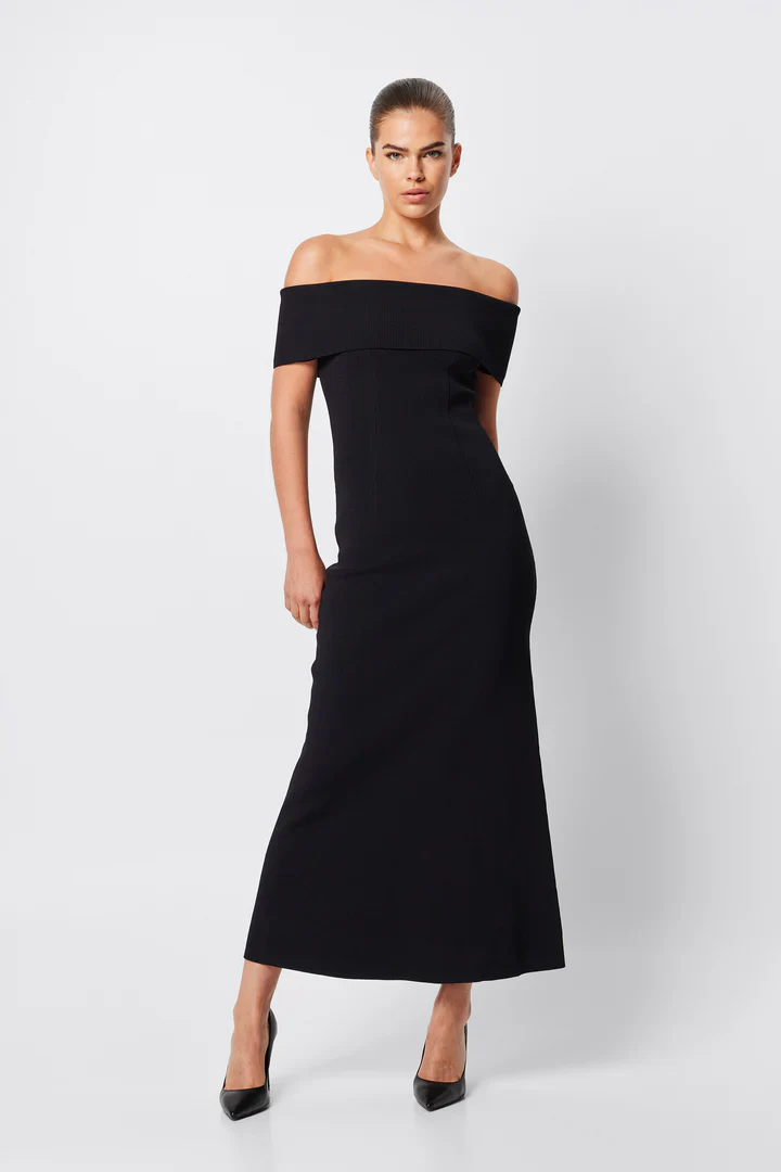 MOSSMAN - MONACO OFF SHOULDER MIDI DRESS (BLACK) - Image 2