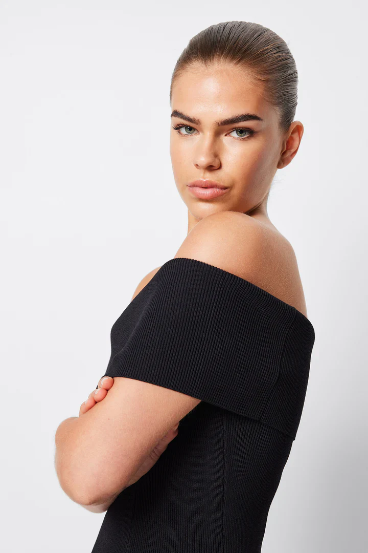 MOSSMAN - MONACO OFF SHOULDER MIDI DRESS (BLACK) - Image 6