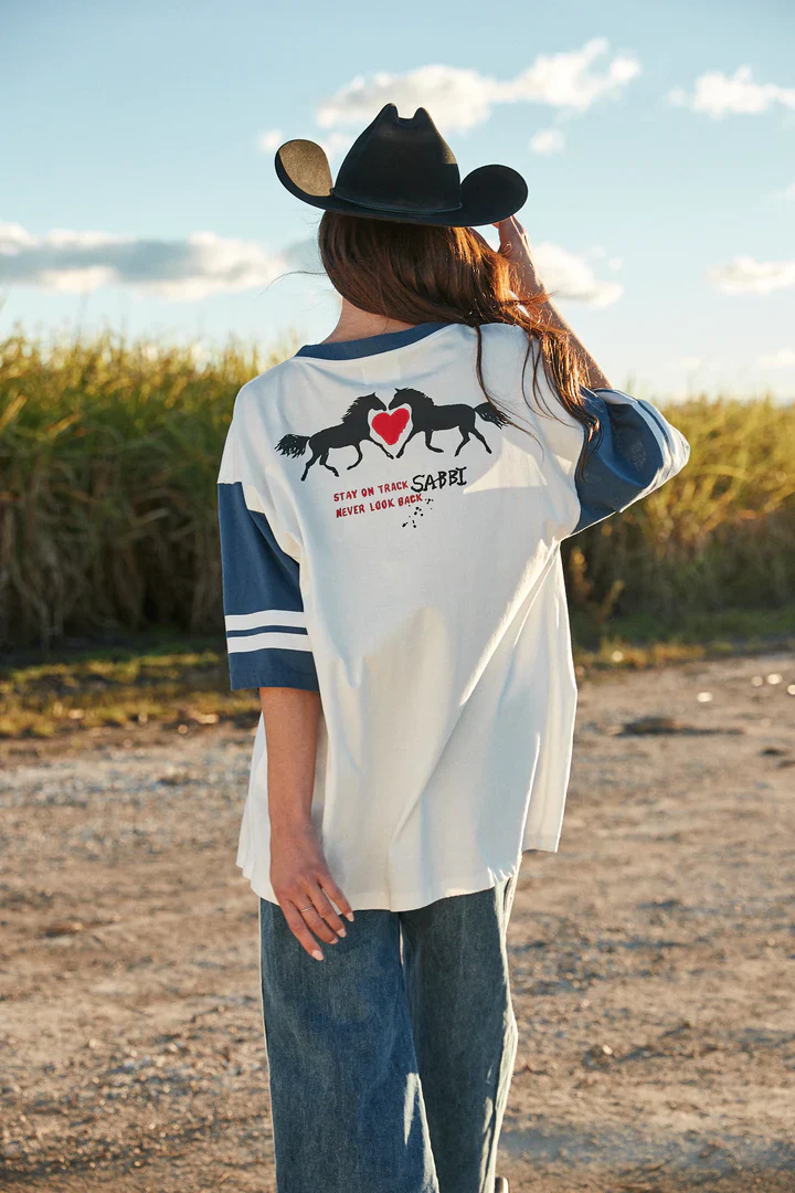 SABBI - THE VERY OVERSIZED COUNTRY MUSIC V NECK TEE (MARSHMALLOW & BLUE) - Image 2