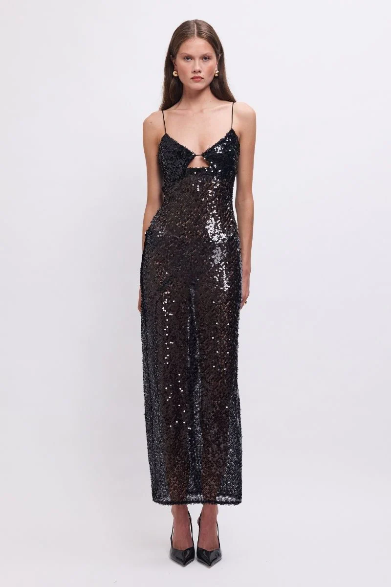 SUBOO - ALLURE SHEER SEQUIN MAXI DRESS (CHARCOAL)