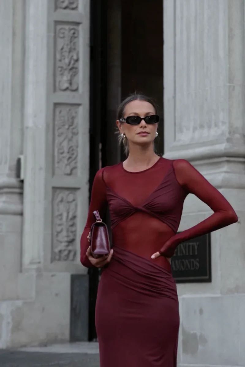 SUBOO - AUGUSTE LONG SLEEVE MESH JERSEY MAXI DRESS (BORDEAUX) - Image 3