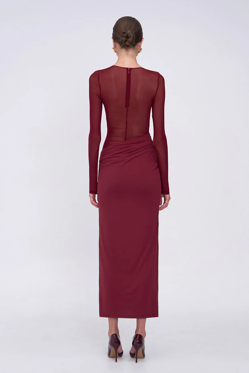 SUBOO - AUGUSTE LONG SLEEVE MESH JERSEY MAXI DRESS (BORDEAUX) - Image 4
