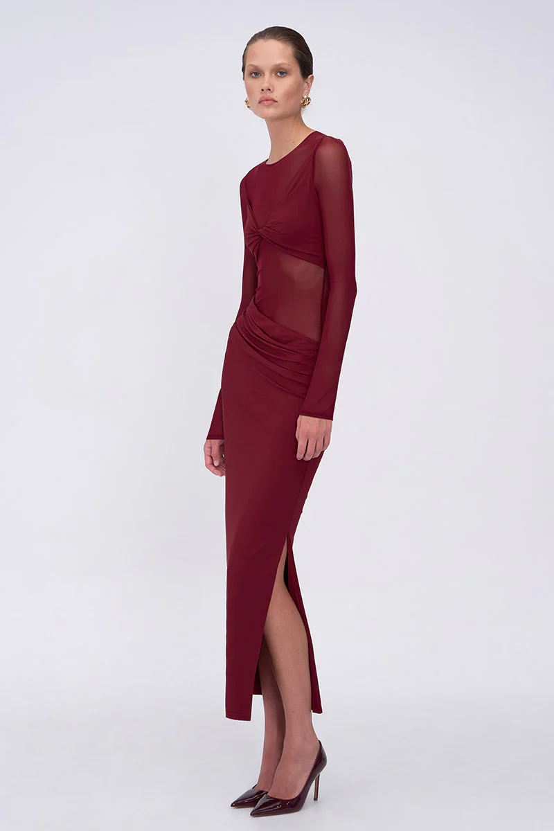 SUBOO - AUGUSTE LONG SLEEVE MESH JERSEY MAXI DRESS (BORDEAUX) - Image 5