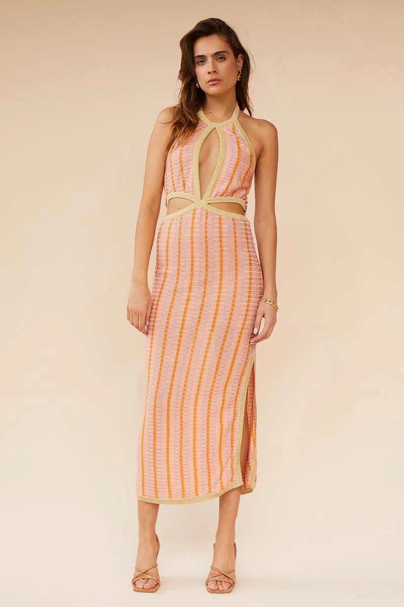 SUBOO - Biba Halter Cut Out Midi Dress (Peach Stripe)