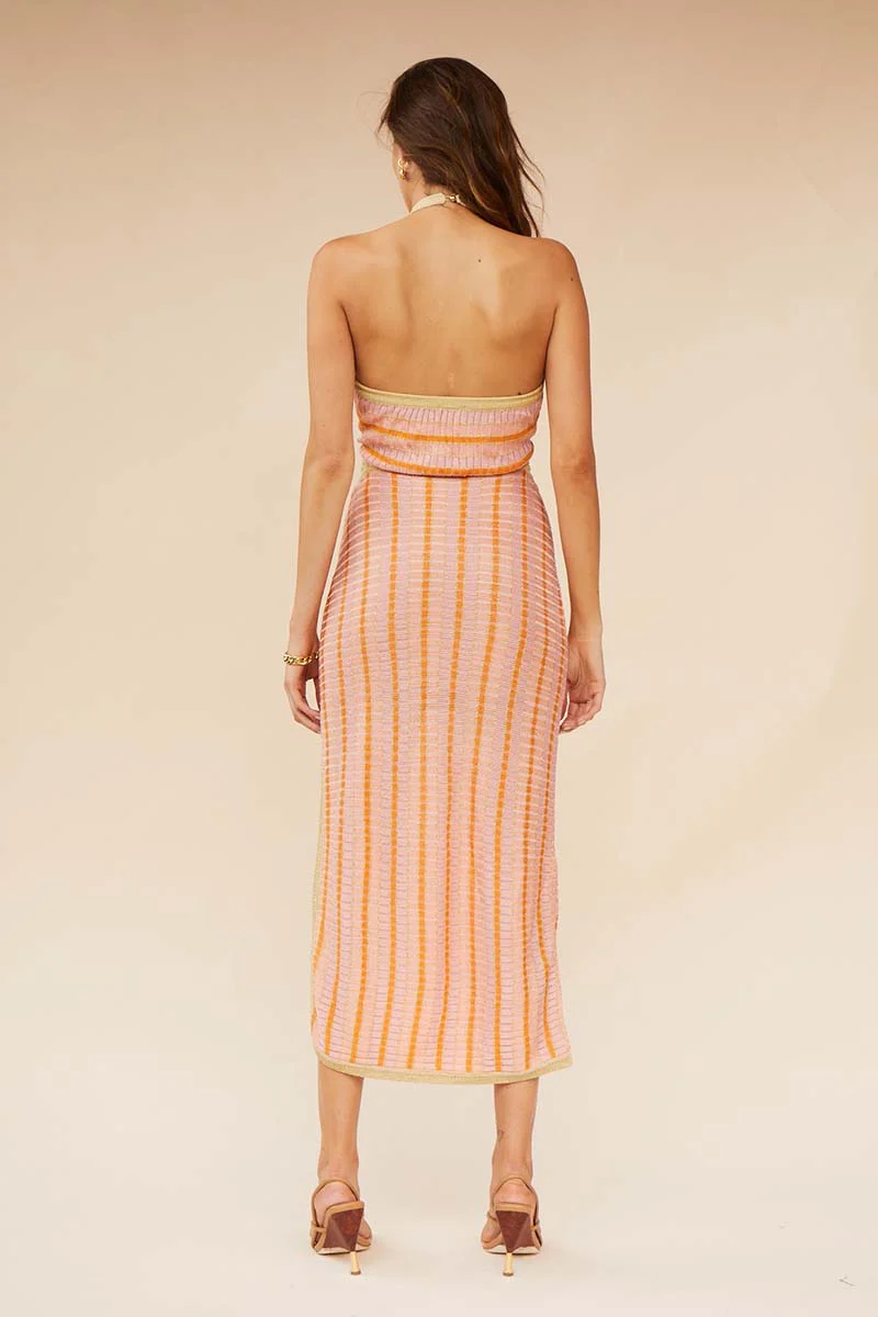 SUBOO - Biba Halter Cut Out Midi Dress (Peach Stripe) - Image 2