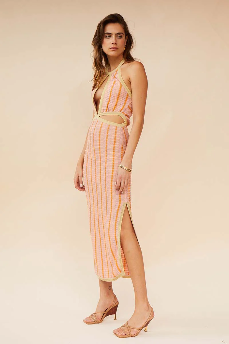 SUBOO - Biba Halter Cut Out Midi Dress (Peach Stripe) - Image 3