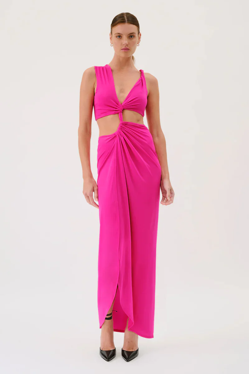 SUBOO - GARNET SLEEVELESS ROUCHED CROSS OVER MIDI DRESS (PINK)