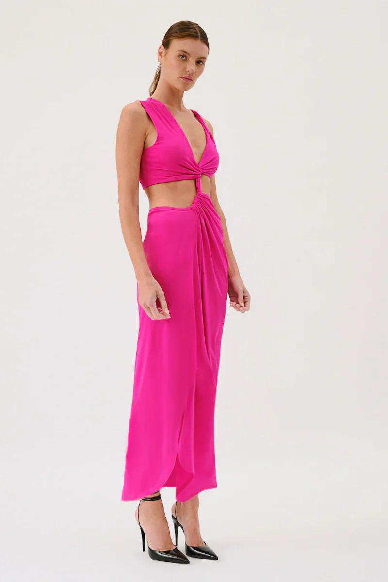 SUBOO - GARNET SLEEVELESS ROUCHED CROSS OVER MIDI DRESS (PINK) - Image 4