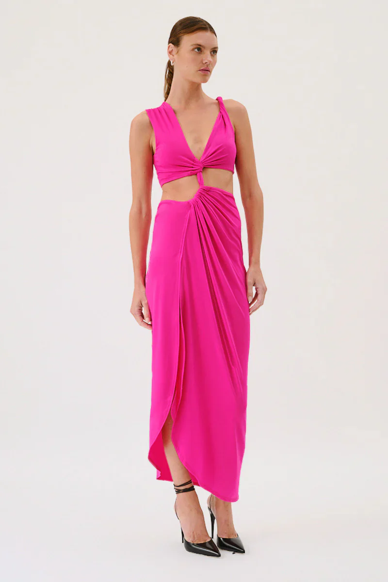 SUBOO - GARNET SLEEVELESS ROUCHED CROSS OVER MIDI DRESS (PINK) - Image 5