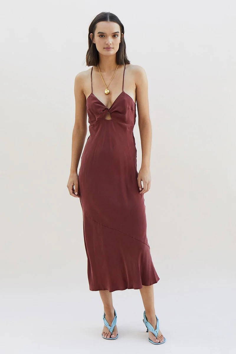 SUBOO - Georgia Twist Front Slip Dress (Merlot)