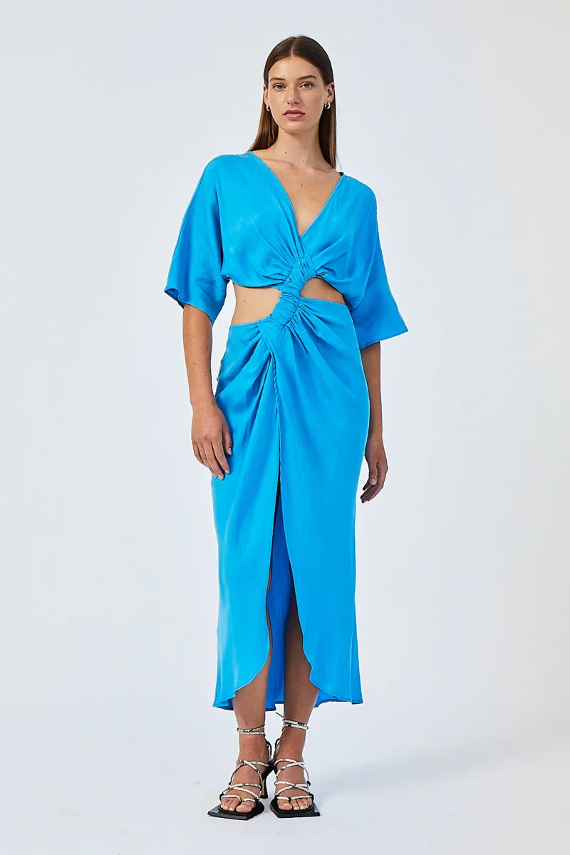 SUBOO - HANNAH ROUCHED CROSS OVER MIDI DRESS (LAPIS BLUE)