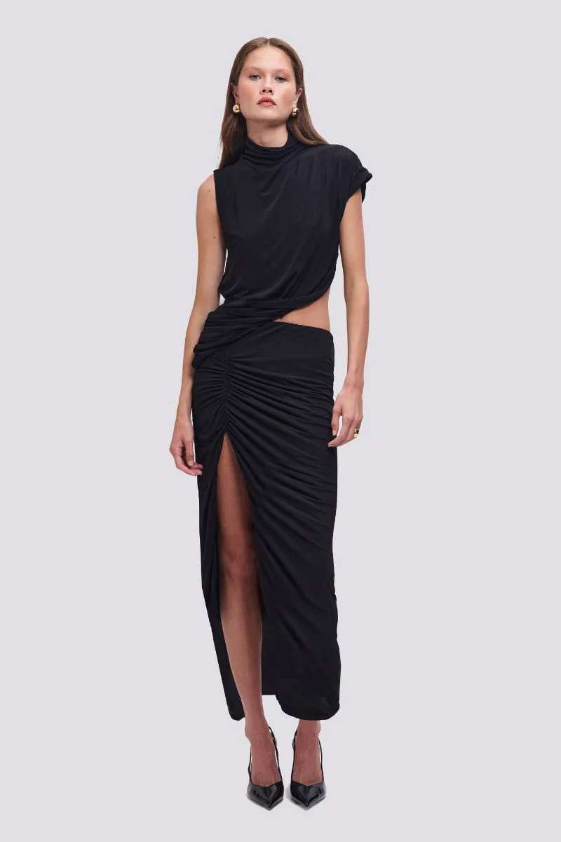 SUBOO - KAYKAY DRAPED CUT OUT ASYMMETRICAL MAXI DRESS (BLACK)