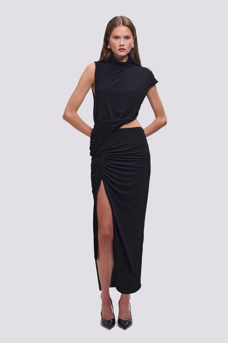 SUBOO - KAYKAY DRAPED CUT OUT ASYMMETRICAL MAXI DRESS (BLACK) - Image 3