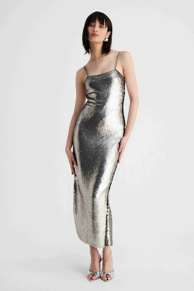 SUBOO - LUNA STRAPPY MIDI COLUMN DRESS (SILVER) - Image 2