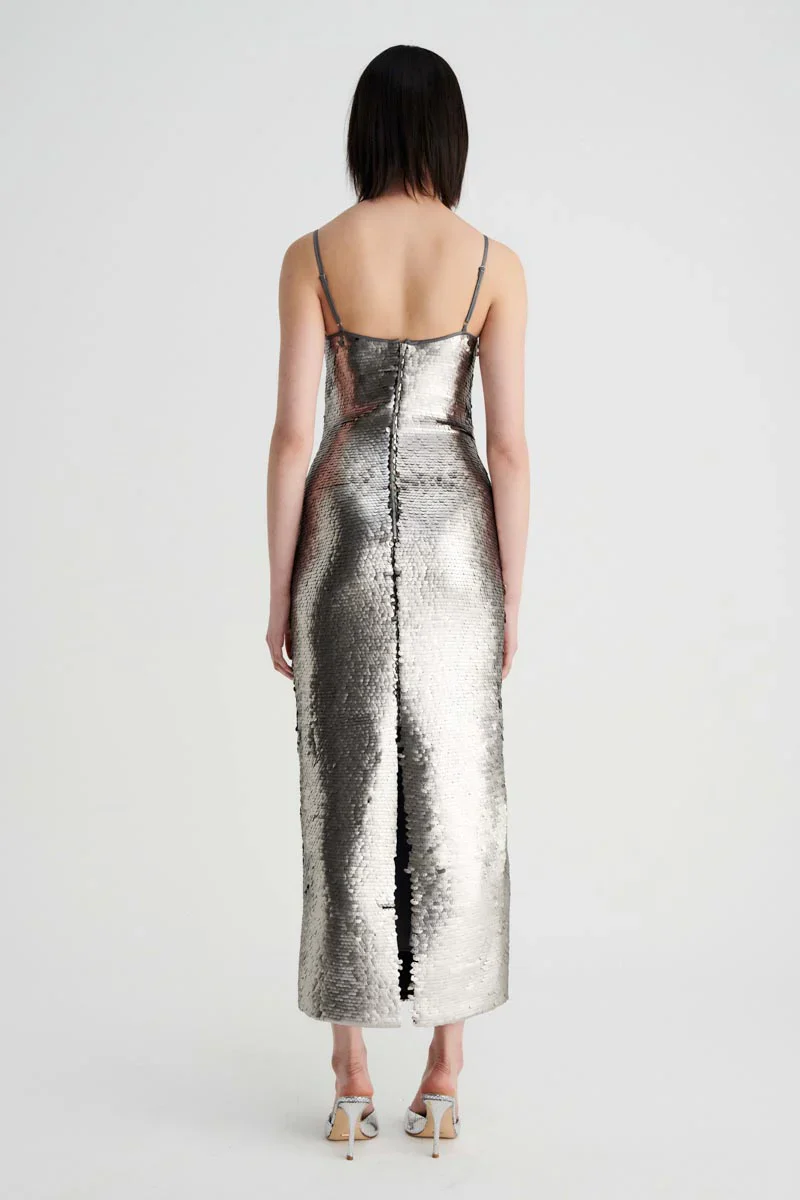 SUBOO - LUNA STRAPPY MIDI COLUMN DRESS (SILVER) - Image 3