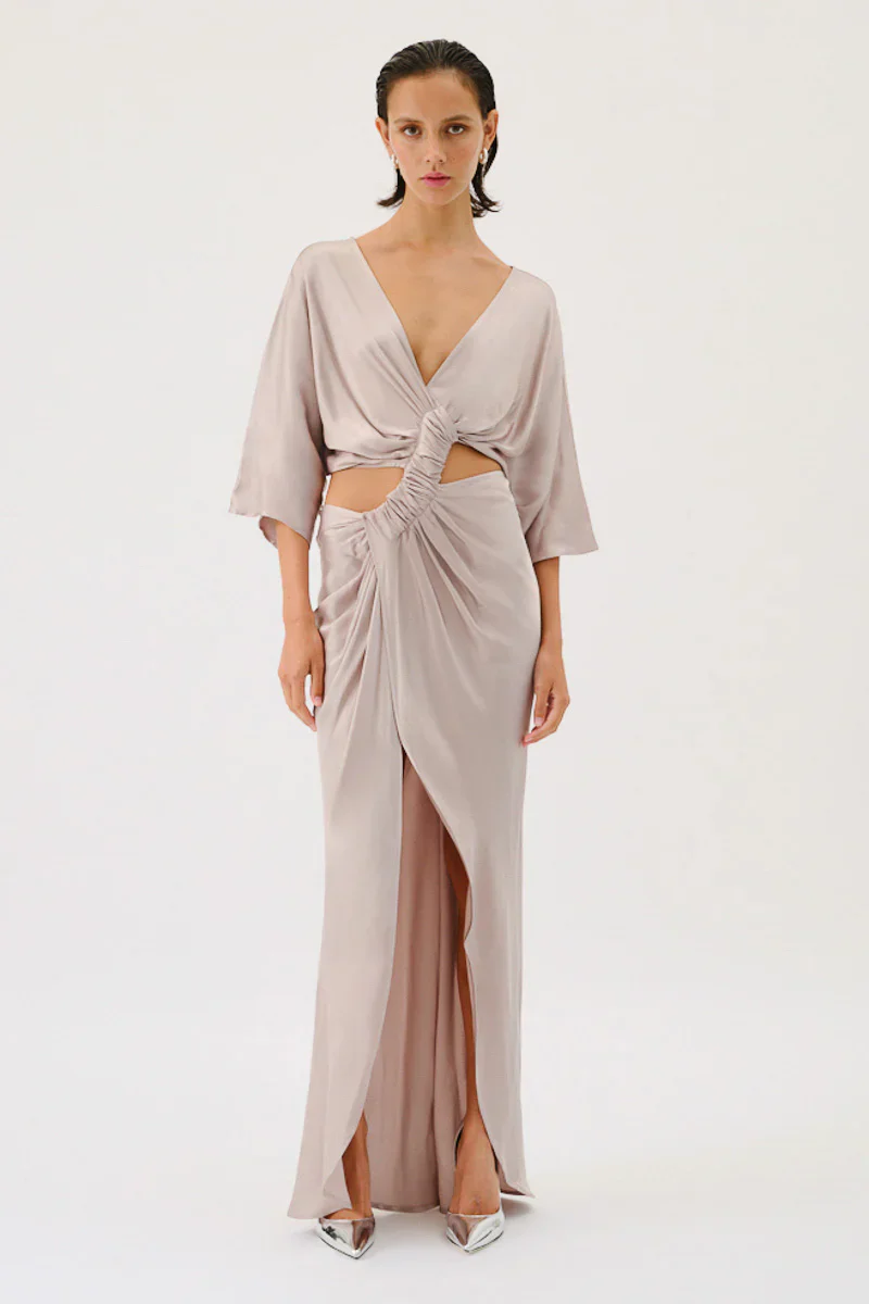 SUBOO - MILLENIA ROUCHED CROSS OVER MIDI DRESS (GUNMETAL)