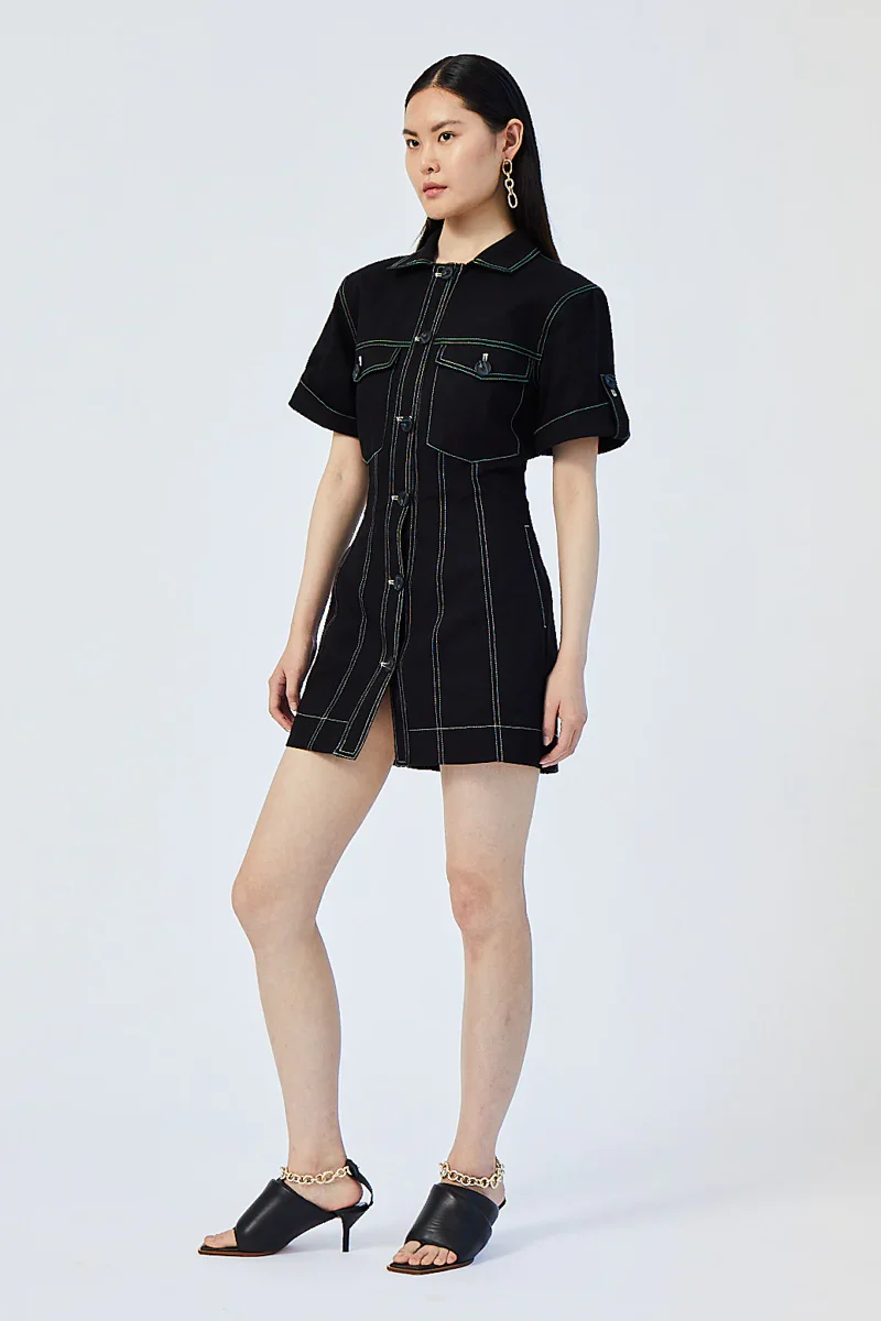 SUBOO - SULLY BUTTON FRONT MINI DRESS (BLACK) - Image 3