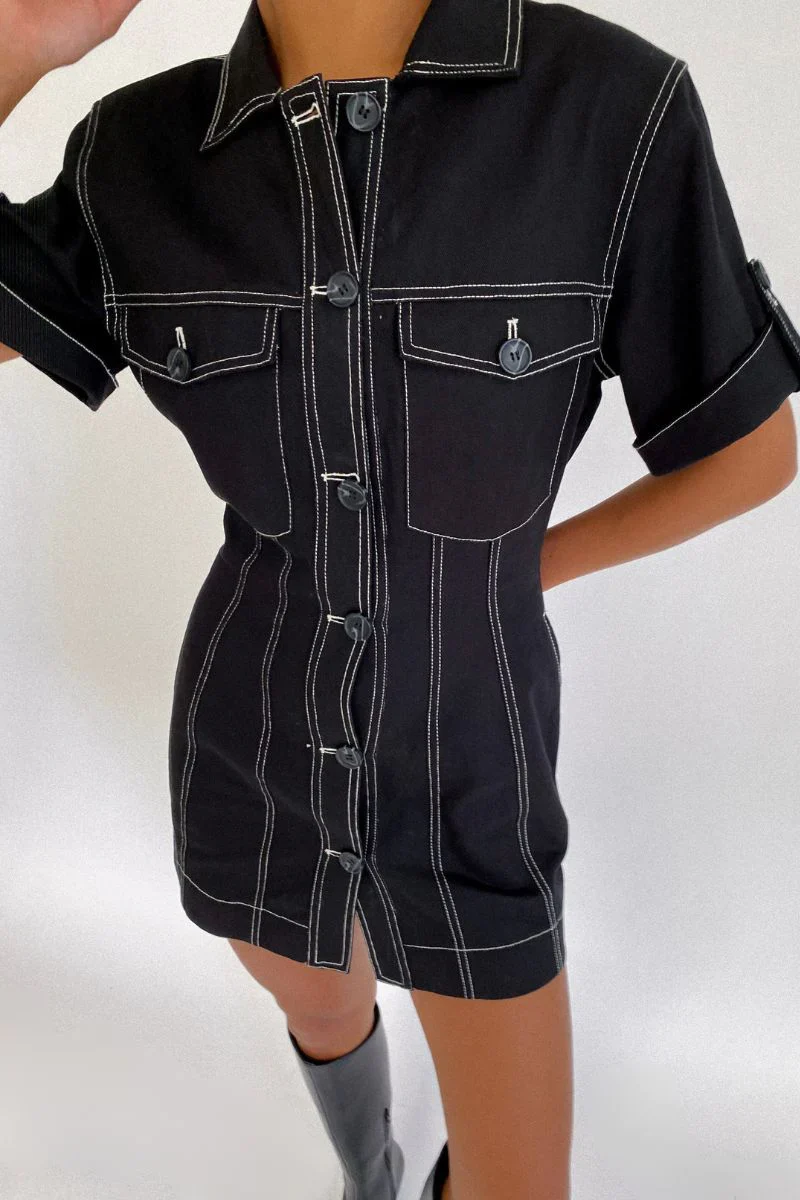 SUBOO - SULLY BUTTON FRONT MINI DRESS (BLACK) - Image 6