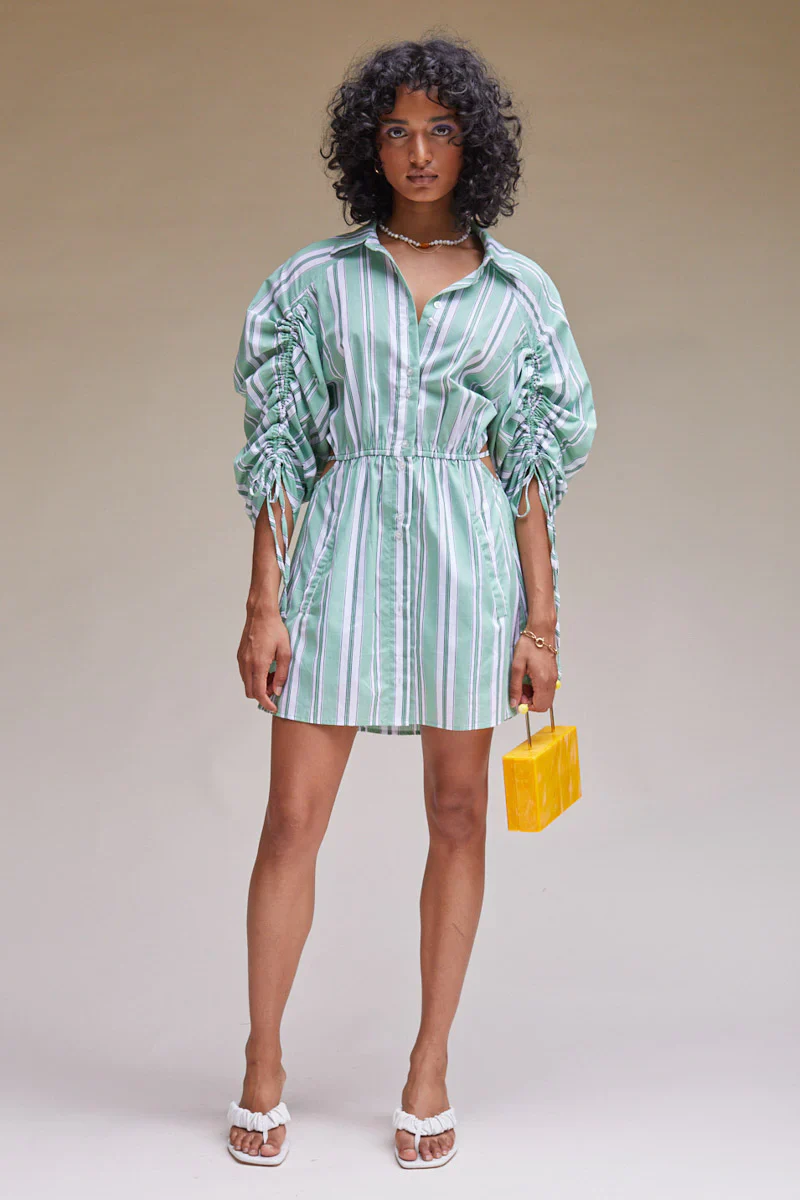 SUBOO - Tali Gathered Sleeve Shirt Dress (Green Stripe) FINAL SALE - Image 3