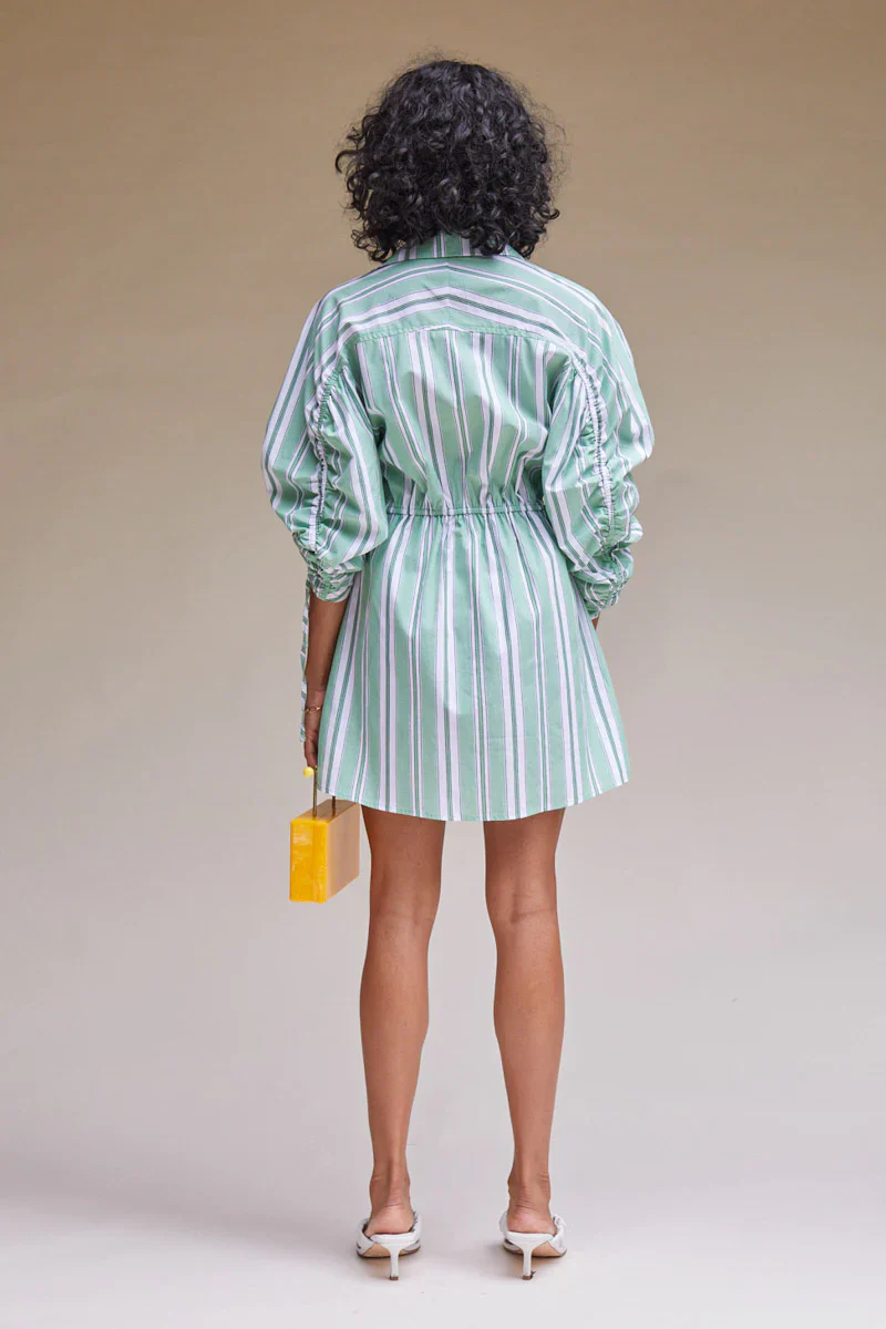 SUBOO - Tali Gathered Sleeve Shirt Dress (Green Stripe) FINAL SALE - Image 4